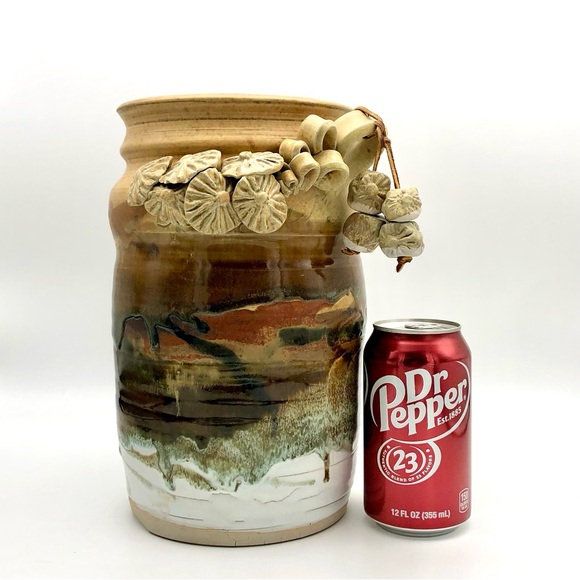 Large Pottery Crock Vase Hand Made Beads On Leather Dangle Applied Floral Relief - Picture 13 of 15